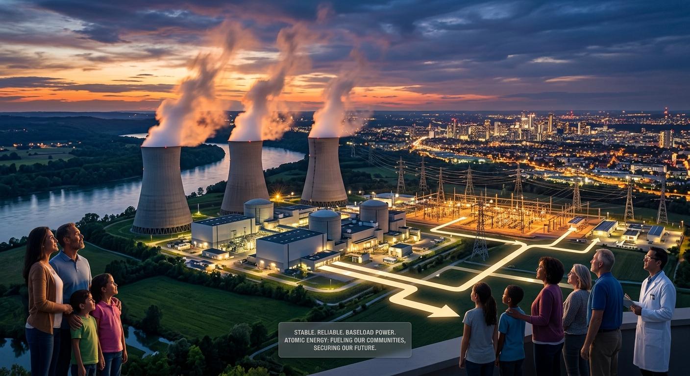 Families watching a nuclear power plant with cooling towers at sunset, its glowing power lines leading to a lit-up city
